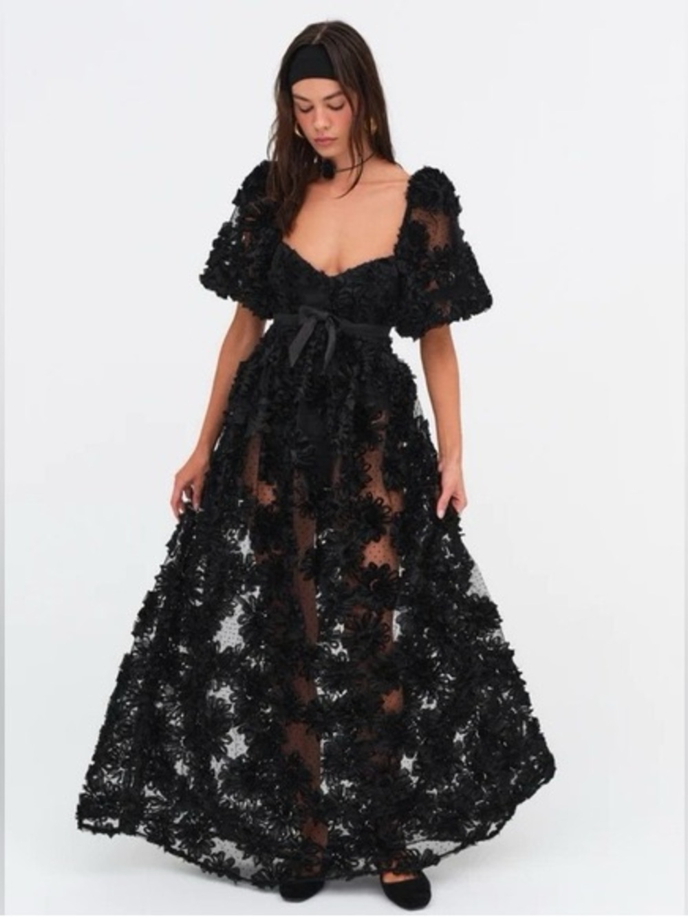 Black Sheer Floral Appliqué Maxi Dress